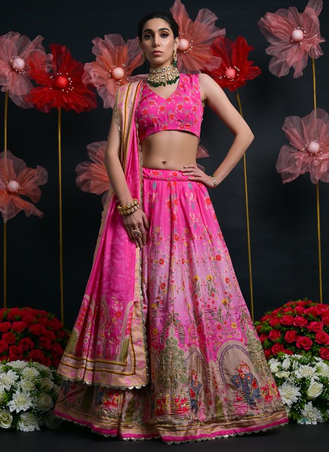 Viscose Pink Wedding Wear Printed Lehenga Choli